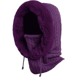 Women Purple Polyester Warm Thick Fluff Beanie Adult Neck Face Winter Balaclava